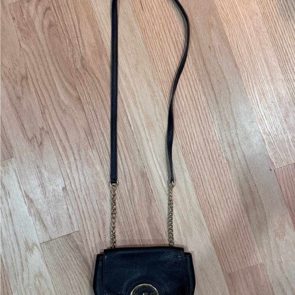 Michael Kors Black Leather Crossbody with Gold Chain Accent